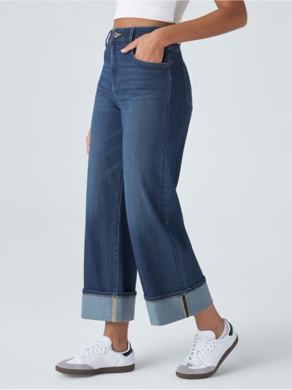 HALARA Flex High Waisted Wide Leg Rolled Hem Jeans- Knit Denim, Small Petite - Picture 3 of 12